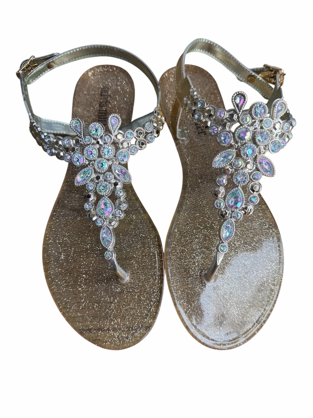 Olivia Miller Tilly Jelly Sandals size 7M Iridescent Rhinestone Gold Glitter